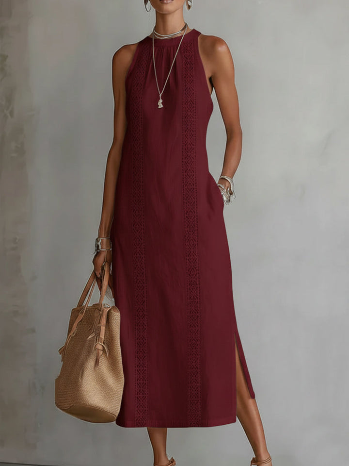 Jimena Leinen-Midikleid mit Mao-Kragen in Rot